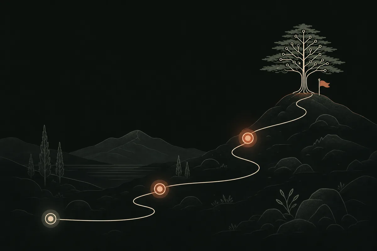 Illustration of a winding path with three glowing milestone markers ending at a cedar tree with a flag