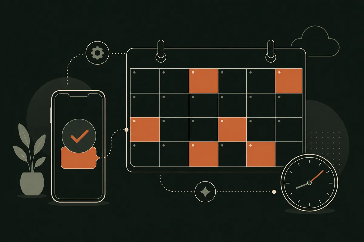 Illustration of a calendar with terracotta booked slots and a phone showing an automatic confirmation