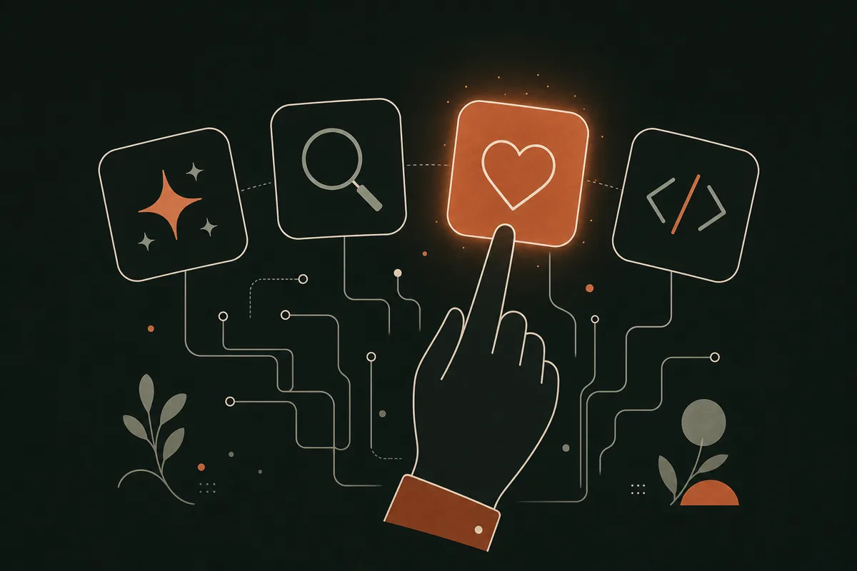 Illustration of a hand choosing between four minimal app tiles, one glowing terracotta