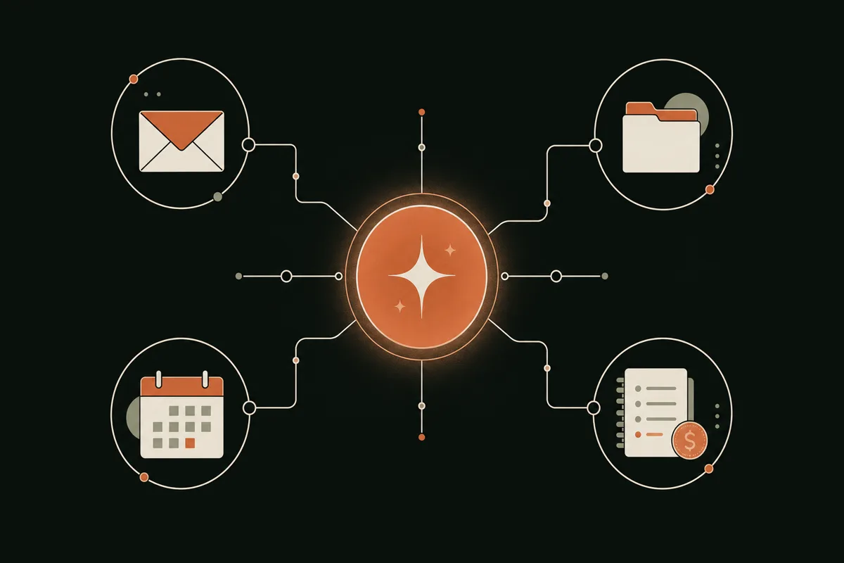 Illustration of a central AI hub connected by thin lines to an email envelope, document folder, calendar and accounting ledger