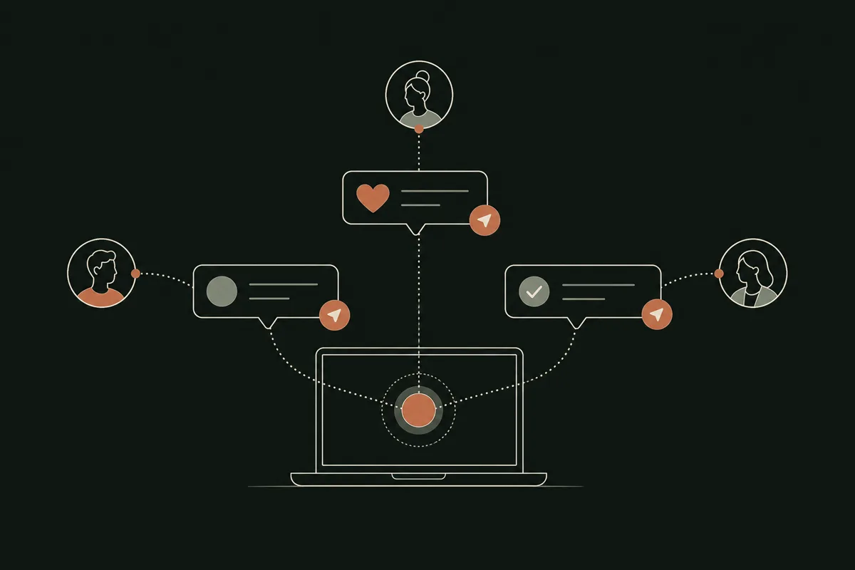 Illustration of chat bubbles flowing from a laptop to client avatars with terracotta send arrows