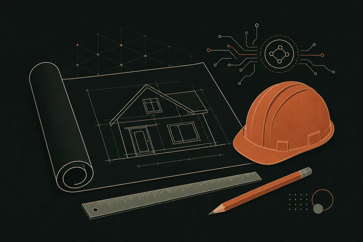 Illustration of an unrolled blueprint with a house outline, terracotta hard hat, ruler and pencil