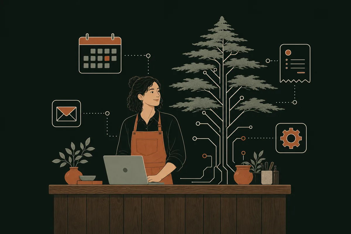 Illustration of a small business owner at a shop counter surrounded by automation icons — calendar, envelope, receipt and gear — with a cedar circuit tree behind them