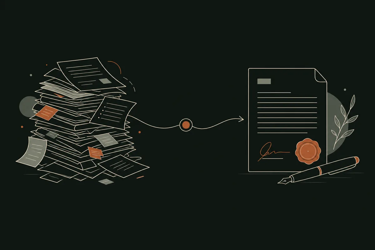 Illustration of a messy stack of papers transforming into one clean signed document with a pen